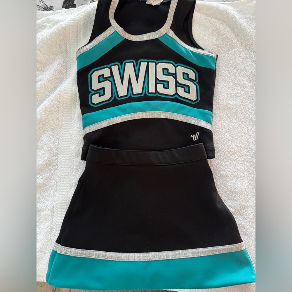 Youth Medium Varsity Black and Teal Cheerleading uniform
